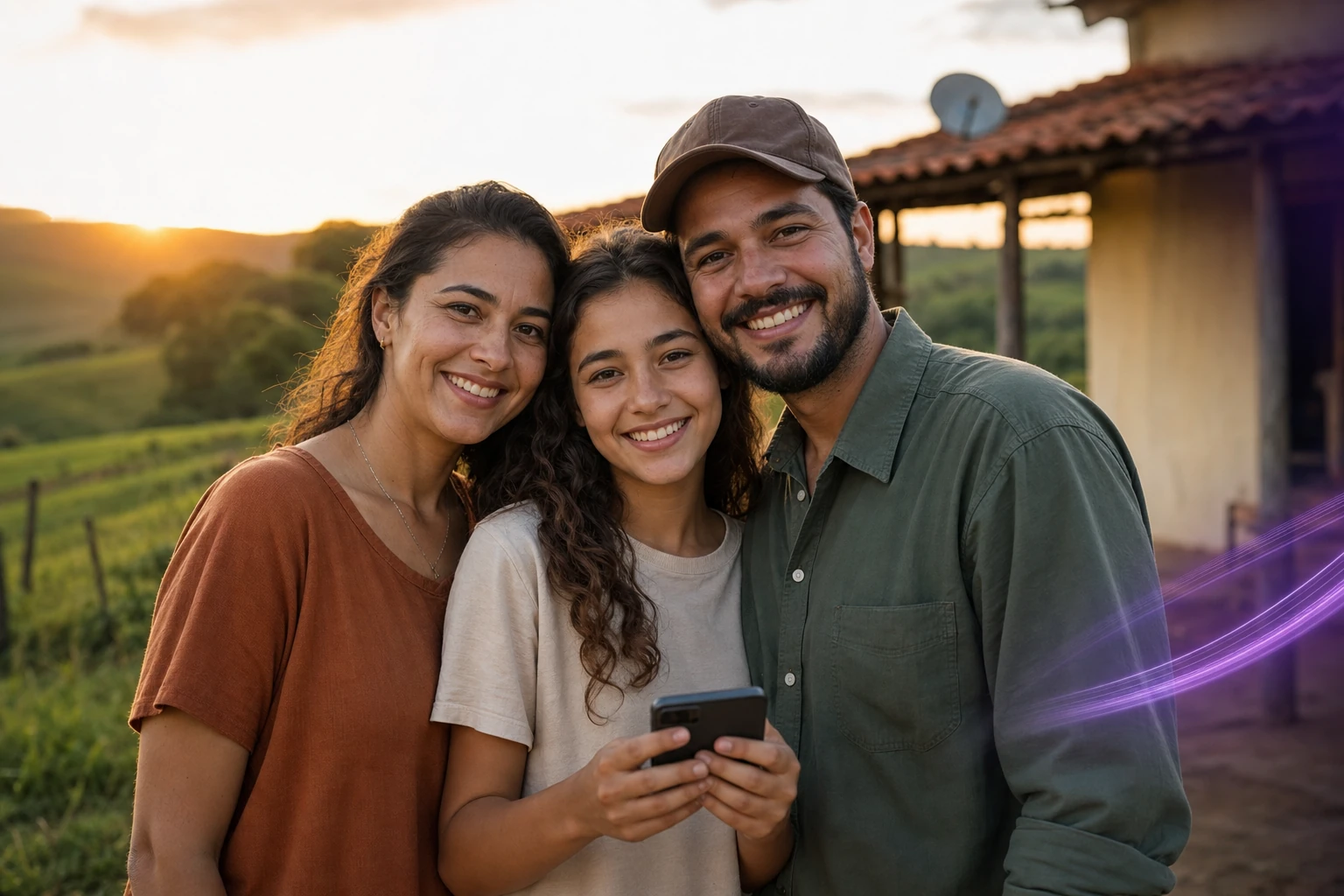 Família no sítio usando internet Brax pelo celular
